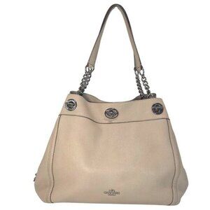 Coach 2017 Turnlock Edie Beige Taupe Leather Shoulder Bag w Gunmetal Chain 36855